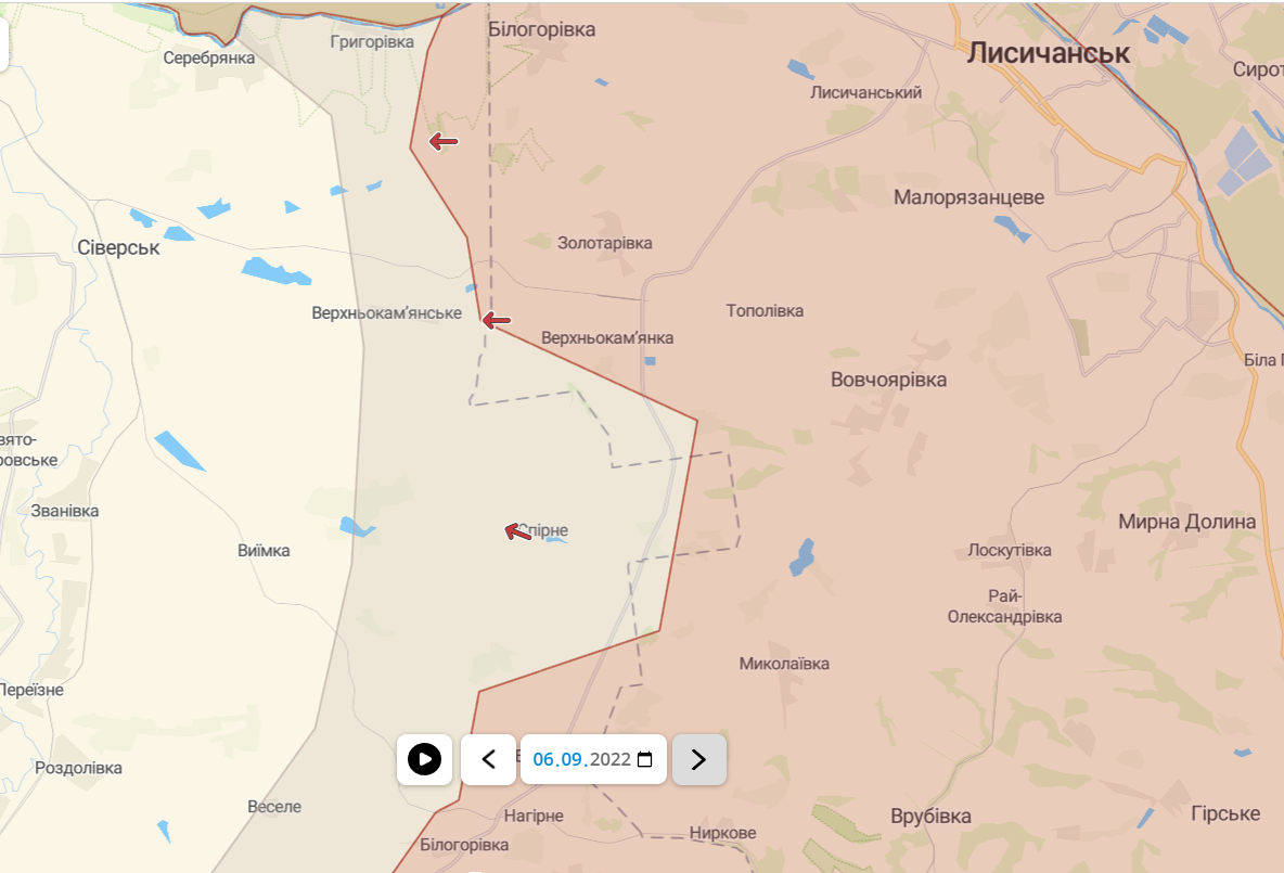 Лінія фронту біля Лисичанську станом на 06.09.2022