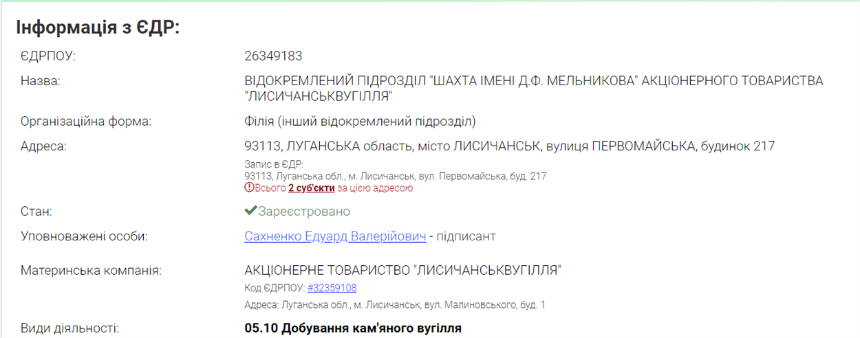 Скрин інформації з ЄДРПОУ по шахті Мельникова